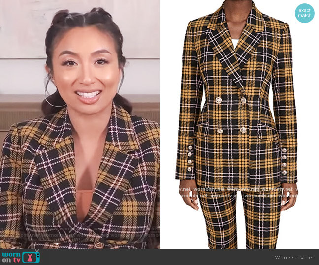 Rebecca Vallance Chateau double-breasted checked jacquard blazer worn by Jeannie Mai on The Real