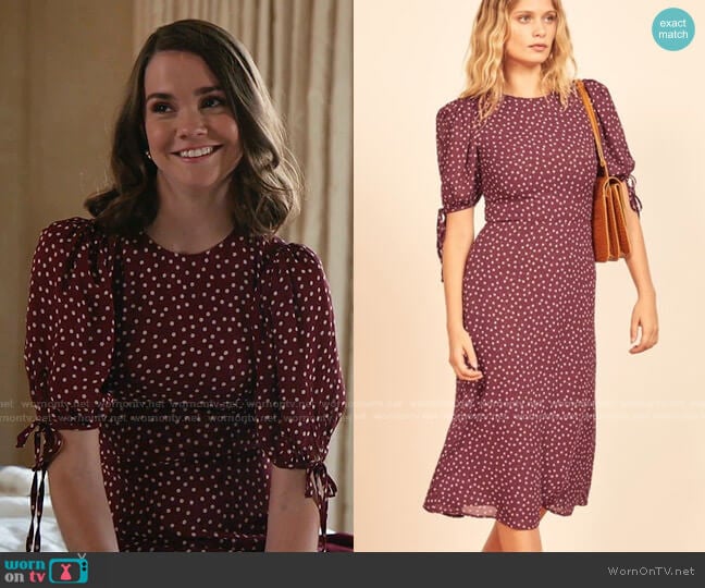 Reformation Oakley Polka Dot Dress worn by Callie Foster (Maia Mitchell) on Good Trouble