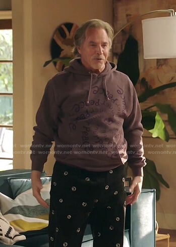 Rick’s purple Inner Peace hoodie and black corduroy pants on Kenan