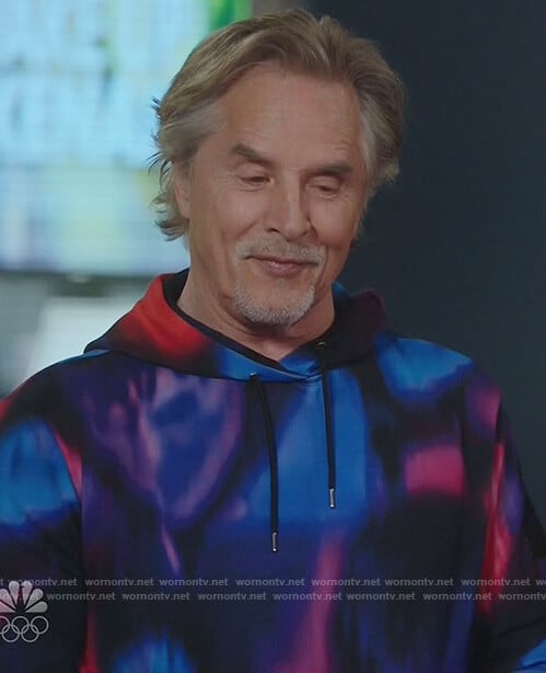 Rick’s blue abstract print hoodie on Kenan