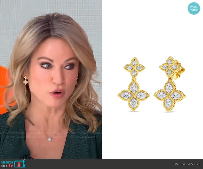 Roberto Coin Princess Flower Yellow Gold Diamond Double Drop Earrings worn by Amy Robach on Good Morning America