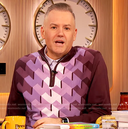 Ross Mathew’s purple geometric sweater on The Drew Barrymore Show