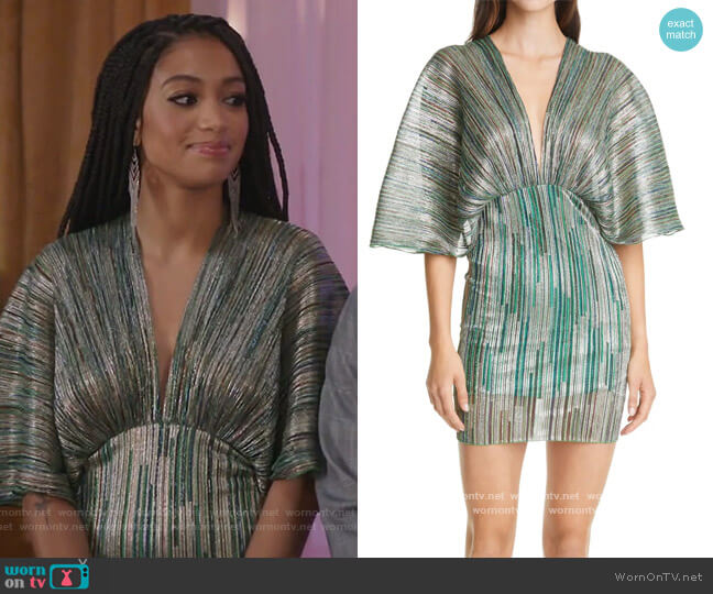 Rotate Ester Metallic Stripe Plunge Neck Dress worn by Olivia Baker (Samantha Logan) on All American