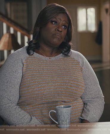 Ruby’s gray stripe sweater on Good Girls