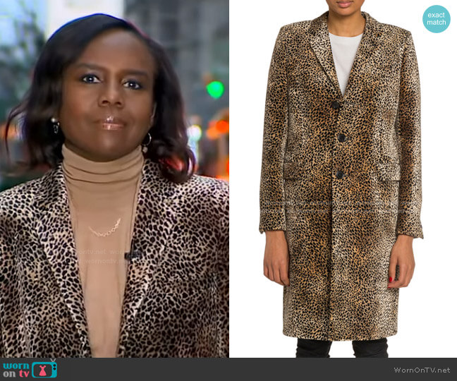 Saint Laurent Mini Leopard Print Velvet Coat worn by Deborah Roberts on Good Morning America