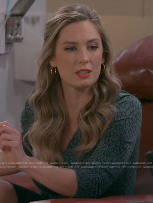 Samantha’s teal print top on B Positive