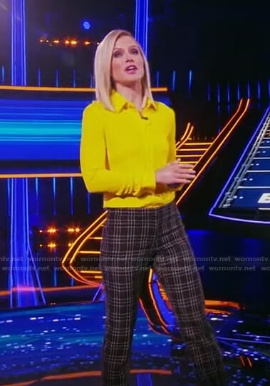 Sara’s yellow shirt and plaid pants on The Chase