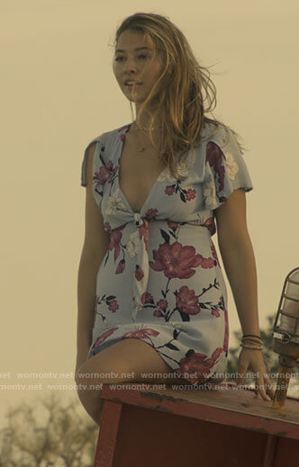 Sarah’s blue floral tie dress on Outer Banks