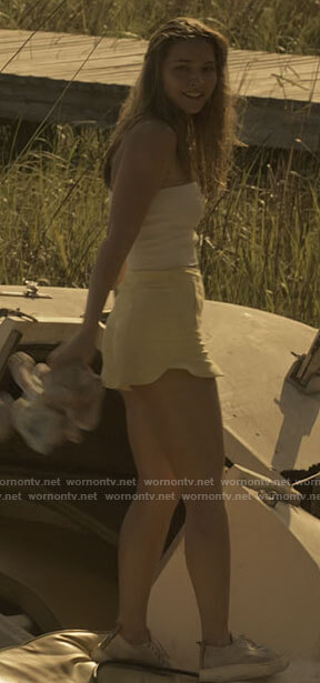 Sarah’s white tube top and yellow shorts on Outer Banks