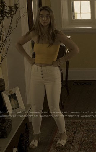Sarah’s yellow ribbed tube top and white jeans on Outer Banks