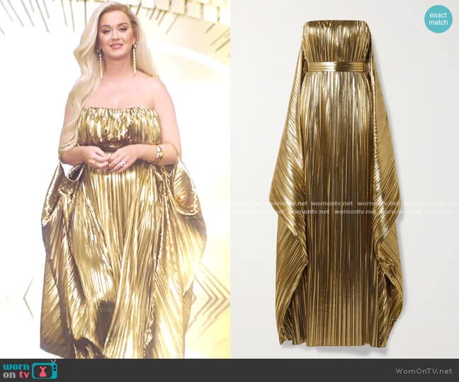 Semsem Belted Draped Pleated Lamé Gown worn by Katy Perry on American Idol