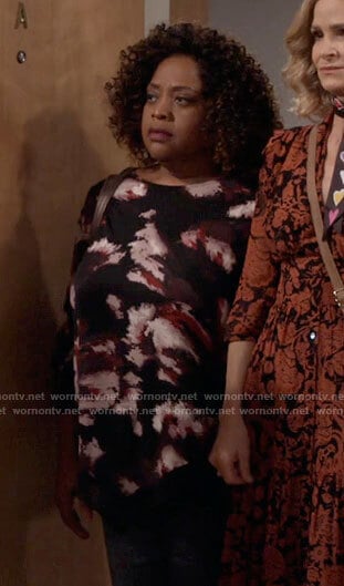 Sharon’s black abstract floral top on Call Your Mother