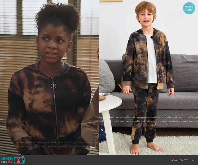 Shein Tie Dye Rib-Knit Zipper up Hooded Jacket and Pants Set worn by Aubrey Williams (Dani Lane) on Kenan
