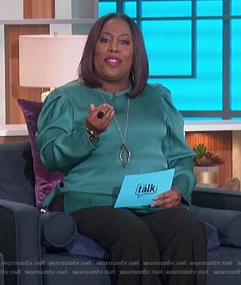 Sheryl’s teal satin puff sleeve blouse on The Talk