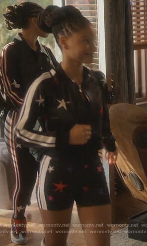 Skylar’s black star print jacket and shorts on Grown-ish