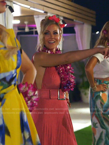 Stephanie’s pink metallic belted pleated dress on The Real Housewives of Dallas
