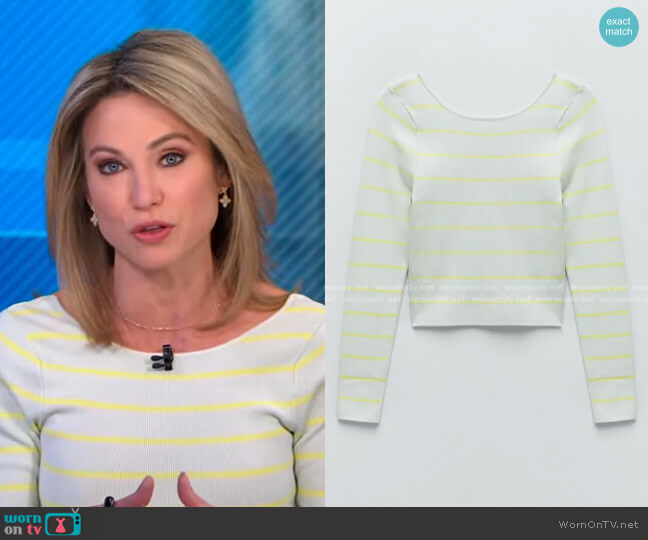 Zara Striped Knit Top in Pastel Blue worn by Amy Robach on Good Morning America