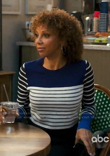 Tami’s blue striped sweater on American Housewife