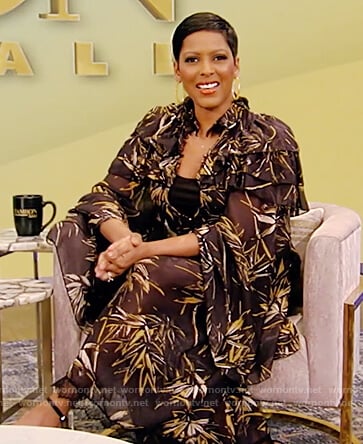 Tamron’s palm print blouse and skirt on Tamron Hall Show