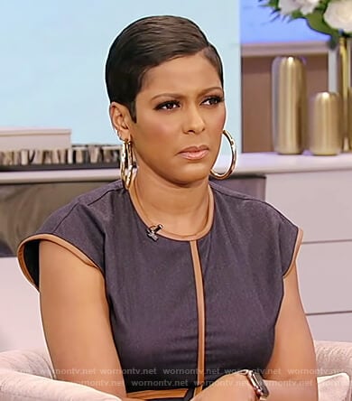 Tamron’s navy contrast trim dress on Tamron Hall Show