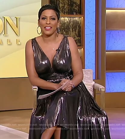Tamron’s silver metallic sleeveless dress on Tamron Hall Show