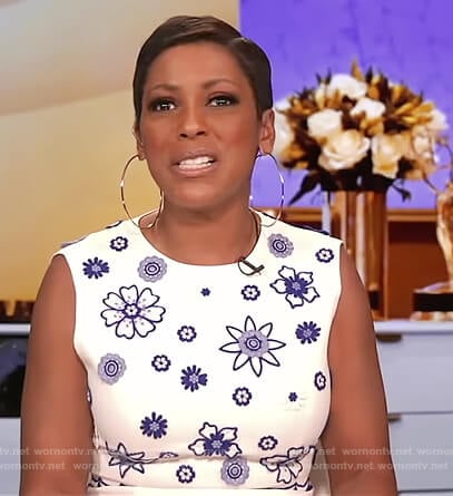 Tamron’s white floral embroidered  sleeveless dress on Tamron Hall Show