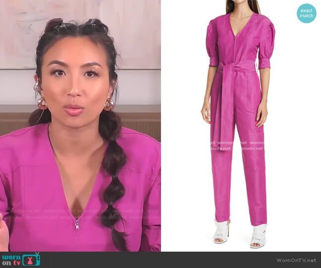 Tanya Taylor Becca Puff Sleeve Jumpsuit worn by Jeannie Mai on The Real