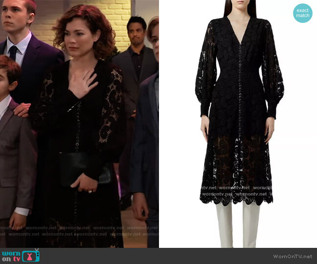 The Kooples Ecru Lace Midi Dress worn by Elizabeth Webber (Rebecca Herbst) on General Hospital