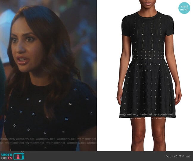 The Kooples Grommet Laser Cut Smocked Fit-&-Flare Dress worn by Ana Torres (Francia Raisa) on Grown-ish