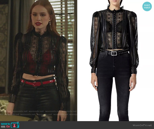 The Kooples Lace Faux Leather Trim Blouse worn by Cheryl Blossom (Madelaine Petsch) on Riverdale