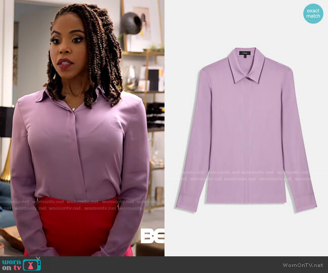 Theory Essential Fitted Shirt in Lilac worn by Andrea Barnes (Kj Smith) on Tyler Perrys Sistas