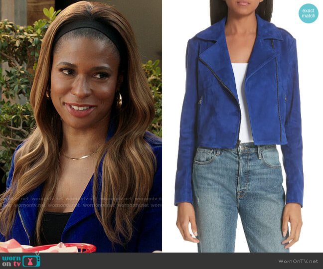Theory Sanda L Lamb Suede Moto Jacket worn by Mika (Kimrie Lewis) on Kenan