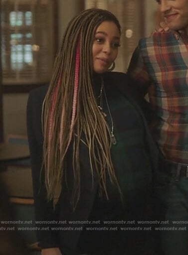 Toni’s blue asymmetric blazer and plaid dress on Riverdale
