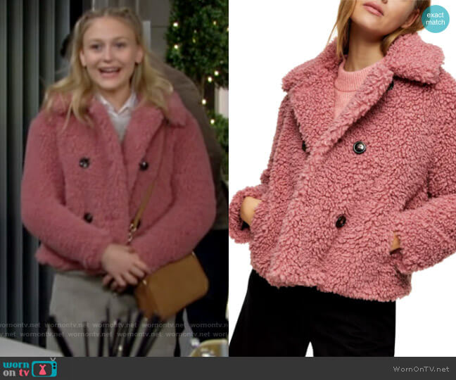 Topshop Ami Borg Faux Fur Jacket in Blush worn by Faith Newman (Alyvia Alyn Lind) on The Young and the Restless