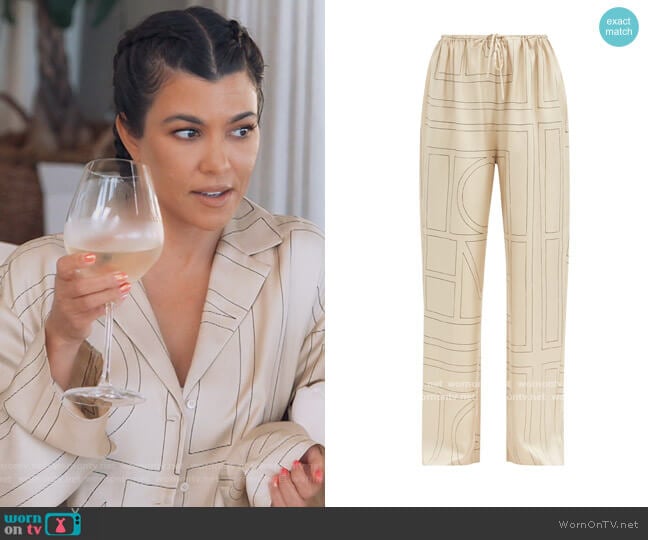 Toteme Vizelle logo-embroidered silk-twill trousers worn by Kourtney Kardashian on Keeping Up with the Kardashians