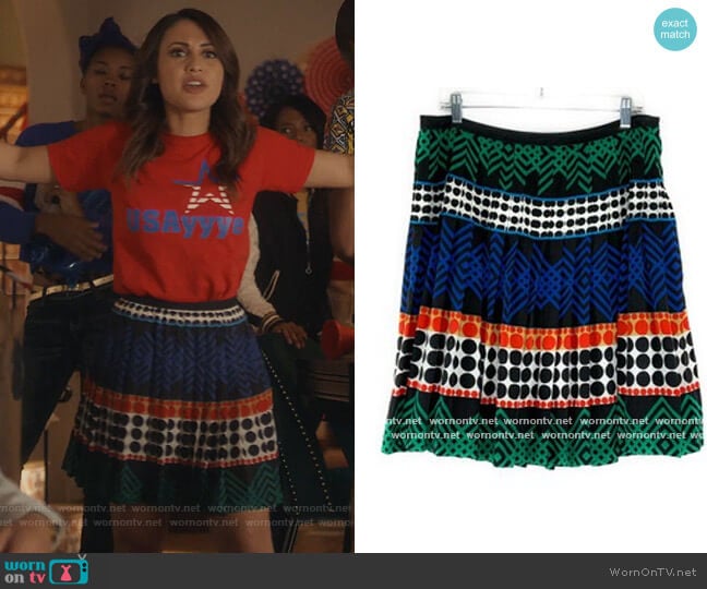 Trina Turk Geometric Pleated Aline Mini Skirt worn by Ana Torres (Francia Raisa) on Grown-ish
