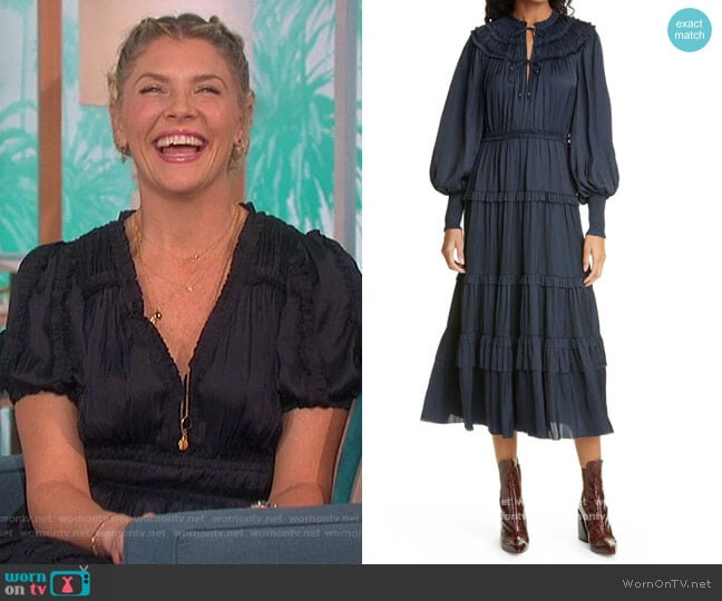 Ulla Johnson Serena Ruffle Satin Long Sleeve Midi Dress worn by Amanda Kloots on The Talk