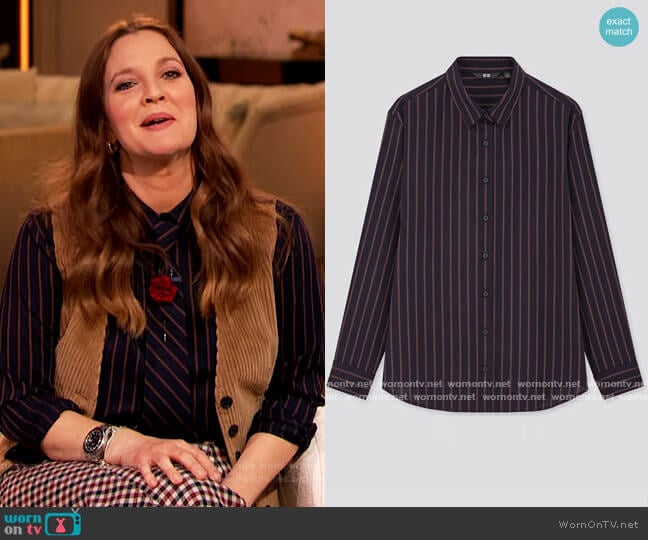 Uniqlo Rayon Striped Long Sleeve Blouse worn by Drew Barrymore on The Drew Barrymore Show