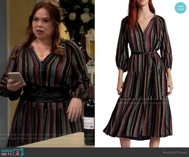 Velvet by Graham & Spencer Felicity Tiered Striped Midi Dress worn by Kristin Baxter (Amanda Fuller) on Last Man Standing