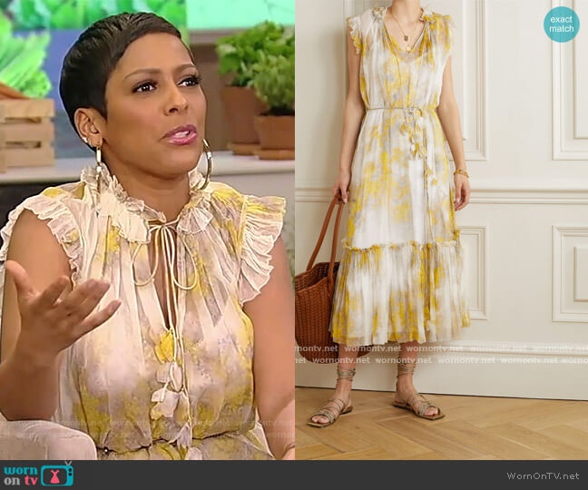 Zimmermann Wild Botanica belted ruffled floral-print silk-crepon midi dress worn by Tamron Hall on Tamron Hall Show