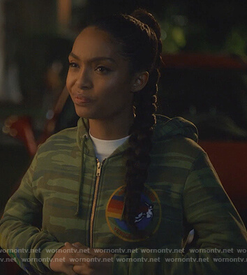 Zoey’s camo hoodie with patch on Grown-ish