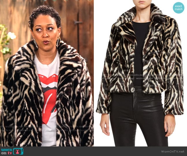 7 for All Mankind Zebra-Print Faux Fur Jacket worn by Cocoa McKellan (Tia Mowry-Hardrict) on Family Reunion