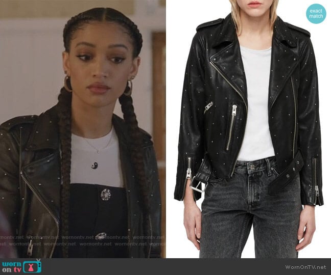 AllSaints Balfern Studded Leather Biker Jacket worn by Laura Baker (Monet Mazur) on All American