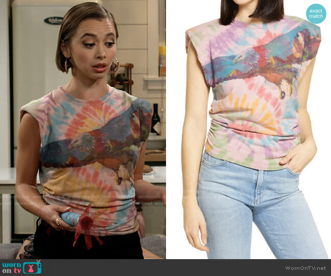 AFRM Billie Side Ruched Crop Tank in Multi Color Tie Dye with Eagle worn by Celia (Emma Caymares) on Call Your Mother