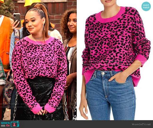 Aqua Leopard Jacquard Crewneck Sweater worn by Jade (Talia Jackson) on Family Reunion