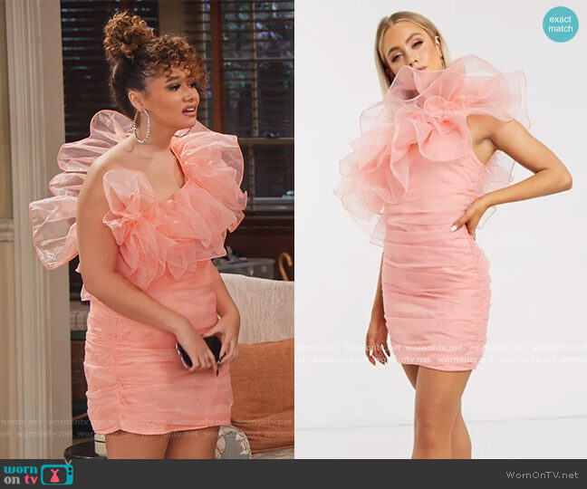 Club L London organza ruffle one shoulder mini dress in coral worn by Jade (Talia Jackson) on Family Reunion