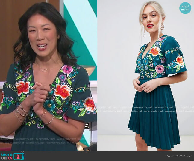 ASOS Pleated Embroidered Midi Dress worn by Chi-Lan Lieu on The Talk