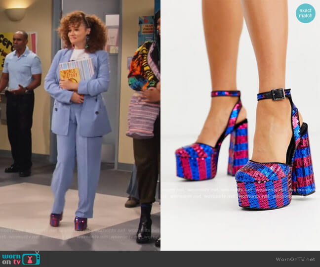 ASOS Punch chunky platform high block heels in striped sequin worn by Jade (Talia Jackson) on Family Reunion