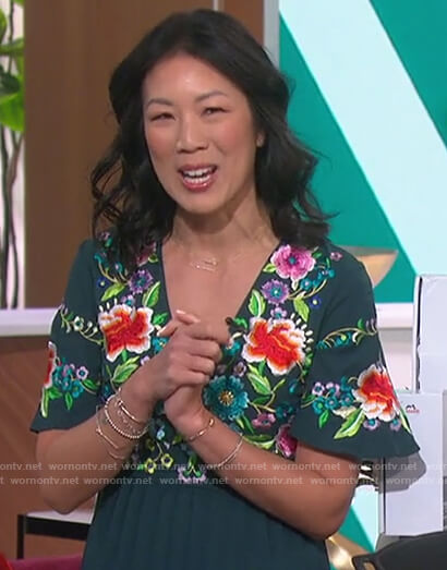 Chi-Lan Lieu’s green floral embroidered dress on The Talk