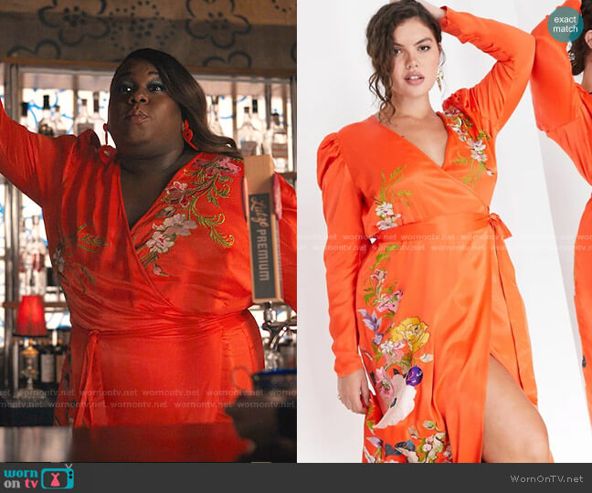 Asos Curve Floral Embroidered Wrap Midi Dress worn by Mo (Alex Newell) on Zoeys Extraordinary Playlist